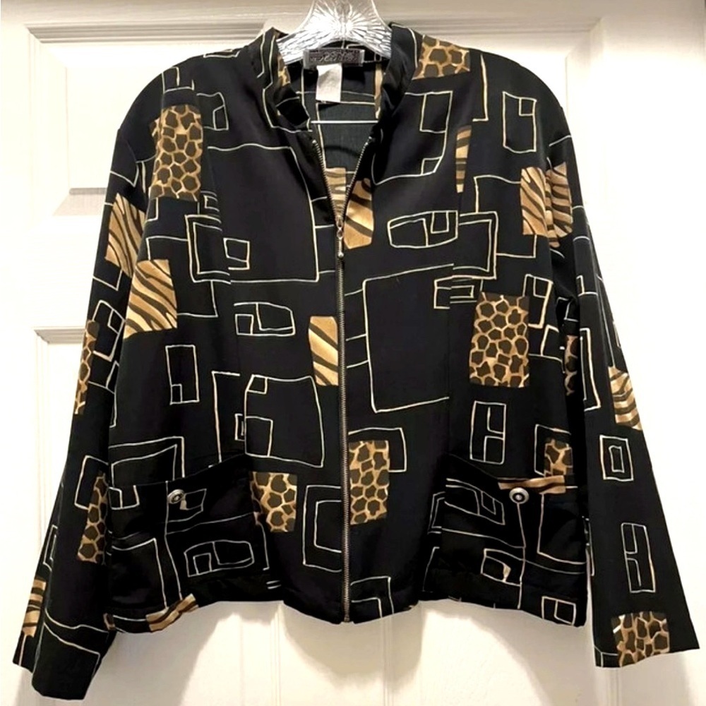 Vintage Abstract Print Jacket Black Tan Geometric Zip Lightweight Petite L